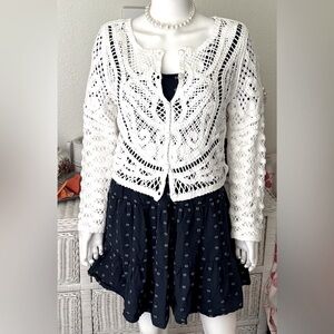 Ultra Pink Cardigan All Cotton Crochet Button Down Long Sleeve White Size S NWT